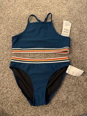 Zella Girl two-piece bikini razorback swimsuit with rainbow trim 14 girls
